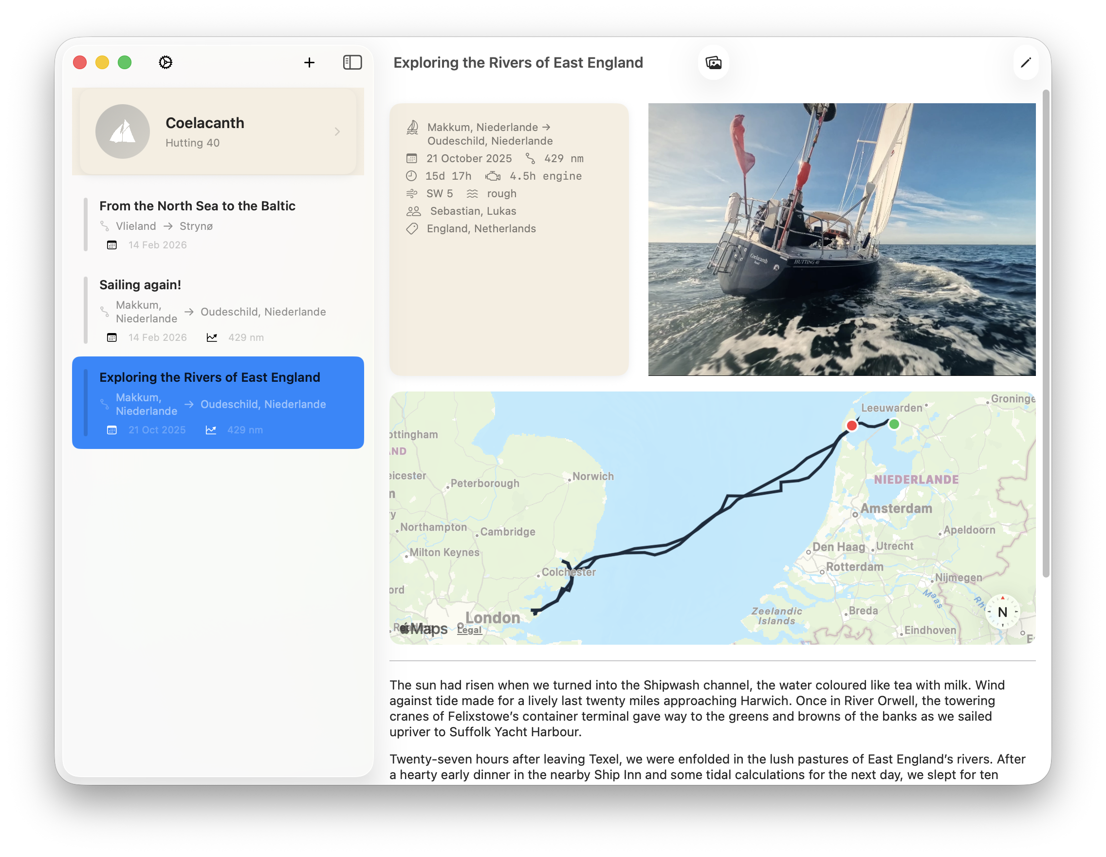 SailorsLog Mac app showing a logbook entry with passage details, photos, and a GPX track map