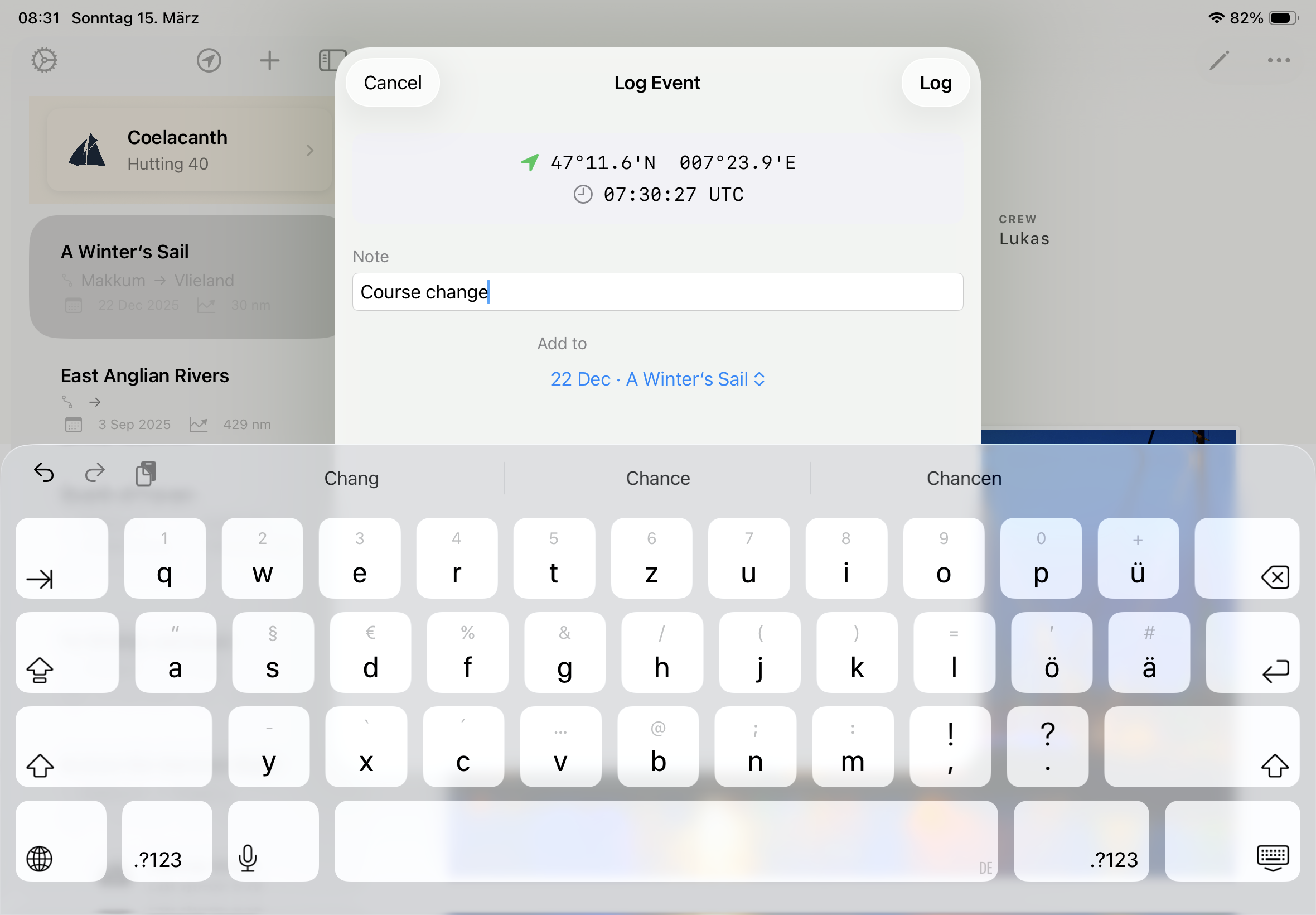 SailorsLog Log Event dialog on iPad showing GPS coordinates, UTC timestamp, and a course change note