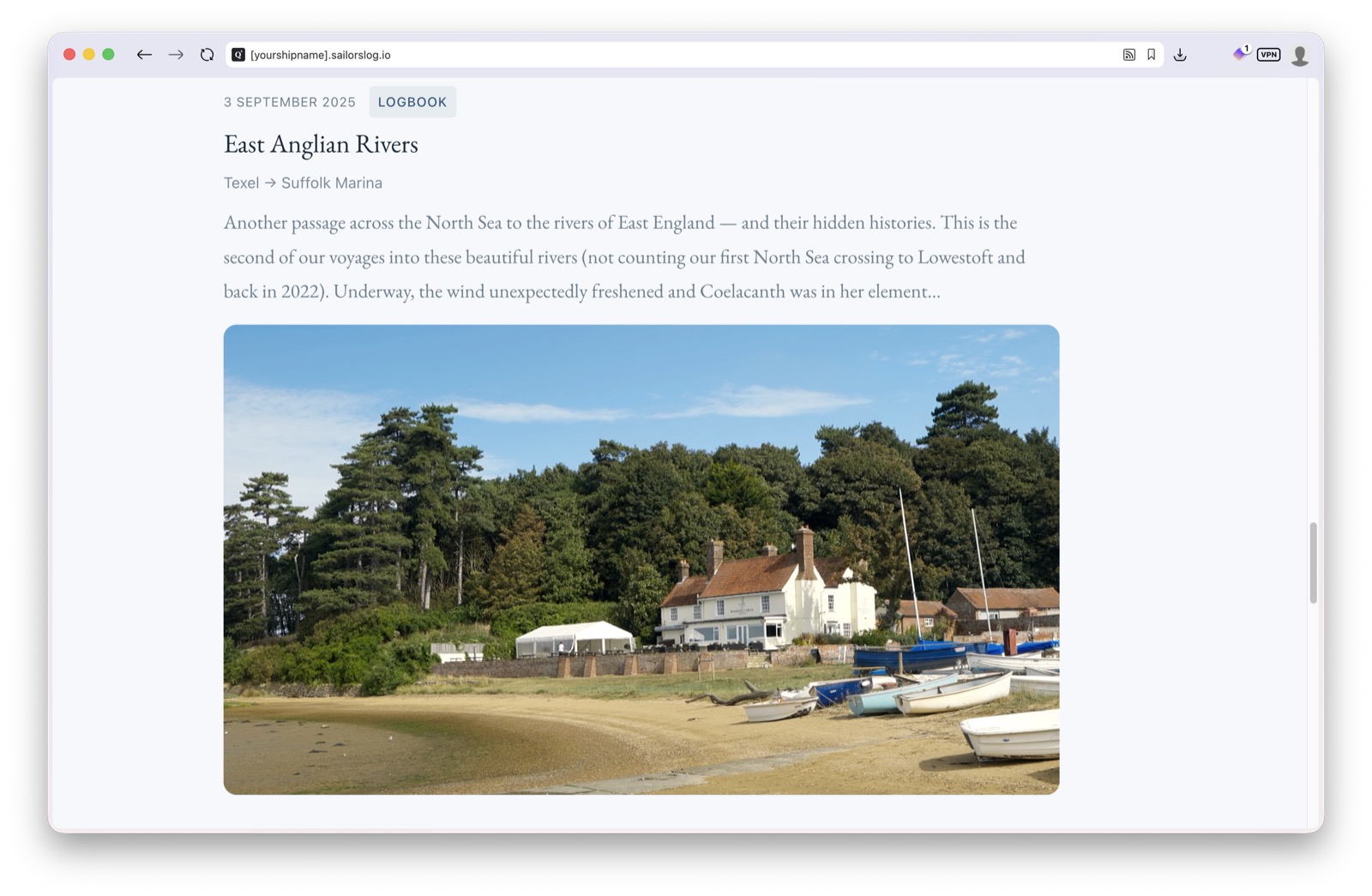 A SailorsLog web logbook entry titled East Anglian Rivers, showing a North Sea passage from Texel to a Suffolk marina, the opening paragraph of the story, and a photograph of a pub and dinghies above the tideline
