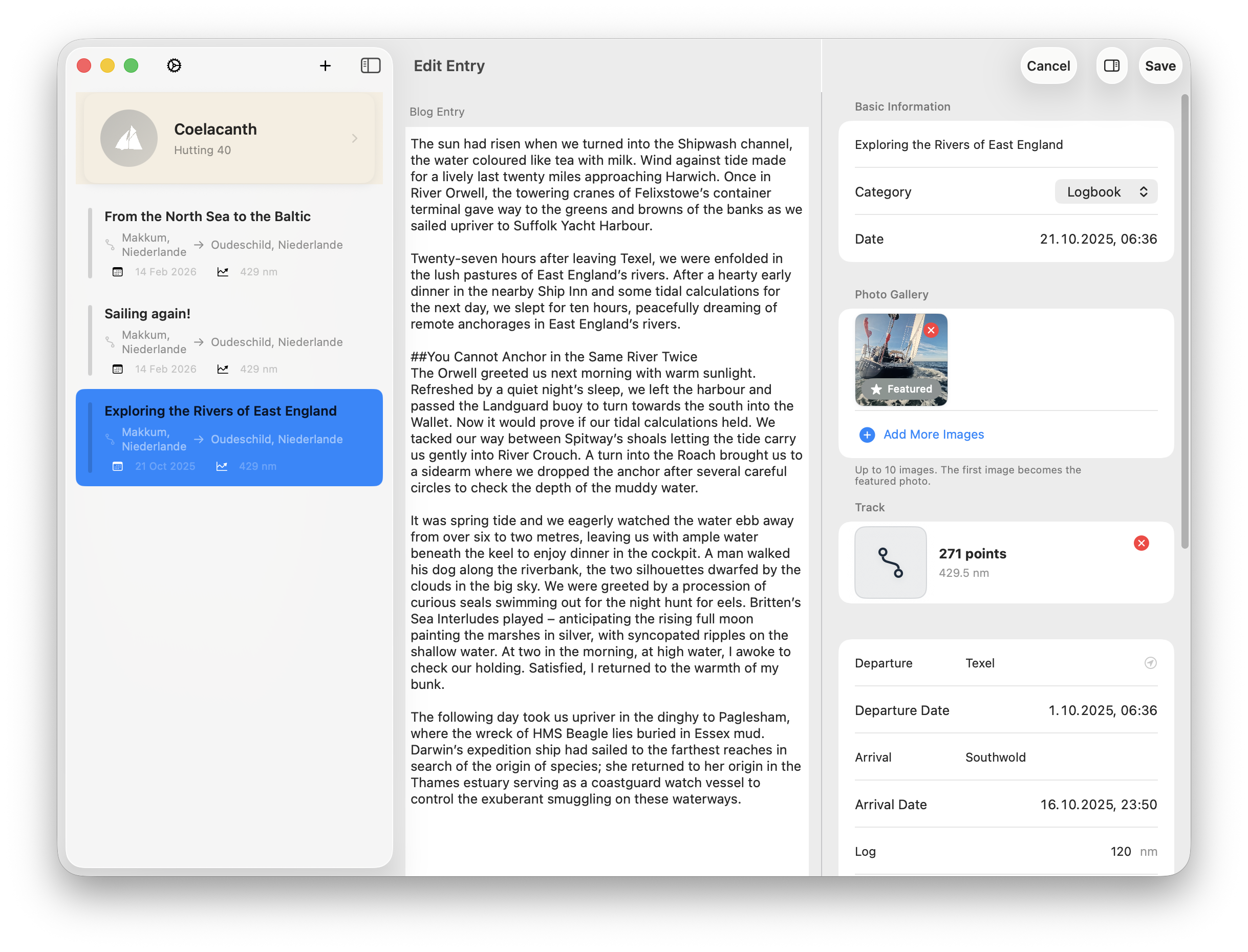SailorsLog entry editor with logbook details