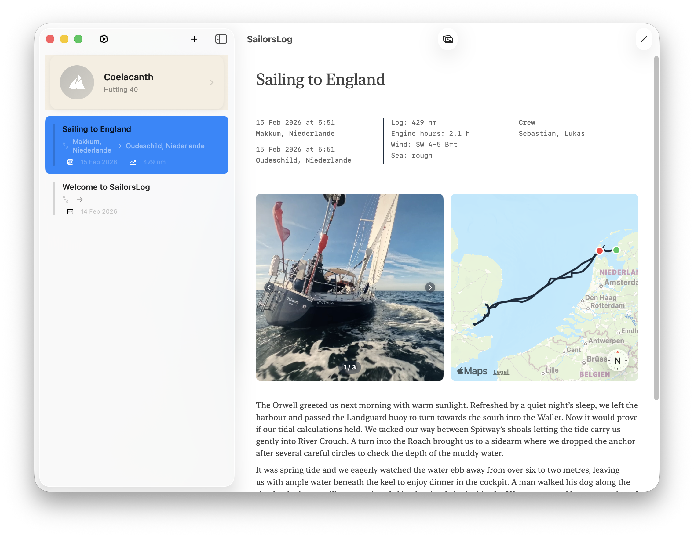SailorsLog app showing a logbook entry of a sailing voyage